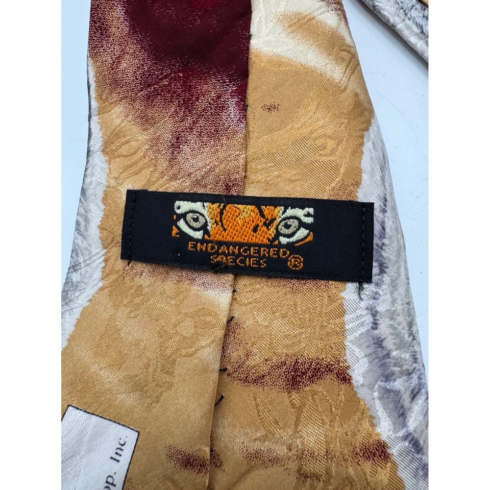 Endangered Species Arctic Wolf Silk Tie Bonnie Marris Vintage 1996 Burgundy Gray - Picture 3 of 7